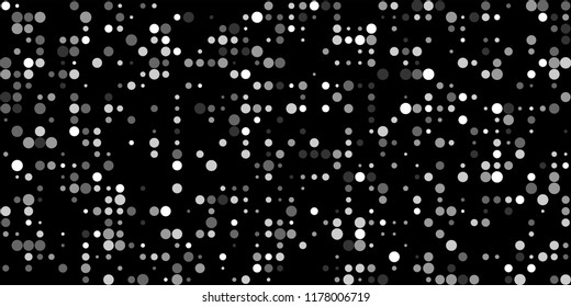 Monochrome Halftone Pattern. Abstract Texture with Different Sizes White Dots on Black Fond for Banner, Flyer, Mobile Application. Retro Digital Black and White Background. Vector Texture.
