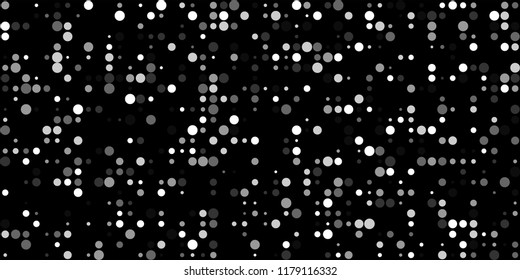 Monochrome Halftone Pattern. Abstract Texture with Different Sizes White Dots on Black Fond for Card, Print. Modern Digital Black and White Background. Vector Texture.
