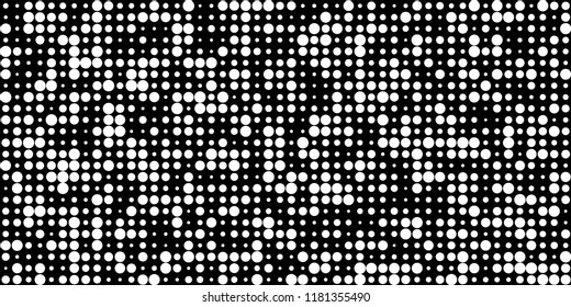 Monochrome Halftone Pattern. Abstract Texture with Different Sizes White Dots on Black Fond for Web or Mobile Application. Retro Digital Black and White Background. Vector Texture.