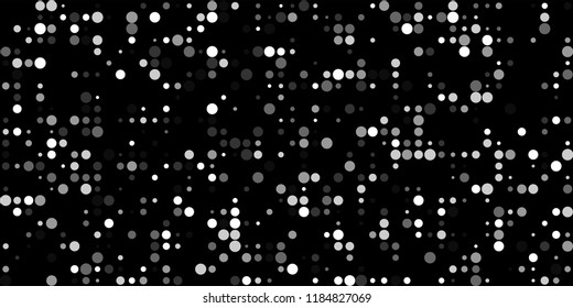 Monochrome Halftone Pattern. Abstract Texture with Different Sizes White Dots on Black Fond for Print, Paper, Card. Trendy Digital Black and White Background. Vector Texture.