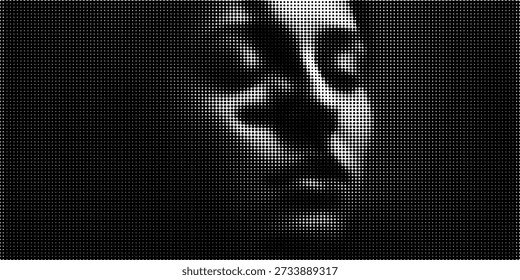 A monochrome halftone pattern forms an abstract digital portrait of a woman with closed eyes looking down producing a minimalist black and white textured effect in vector style.