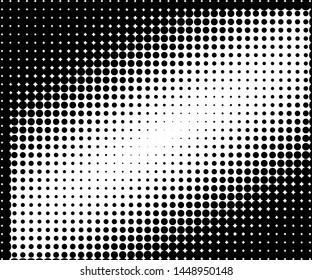 Monochrome halftone pattern. Grunge dotted panel with circles, dots, point. Design element for web banners, posters, cards, wallpapers, sites. Black and white color