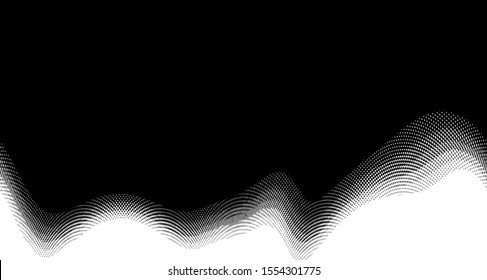 Monochrome halftone wave background. Curved gradient texture or pattern. Vertical gradient dots. Pop art texture. Vector illustration.