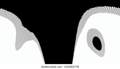 Monochrome halftone wave background. Curved gradient texture or pattern. Vertical gradient dots. Pop art texture. Vector illustration.