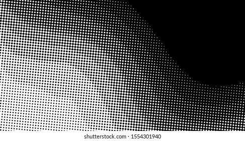 Monochrome halftone wave background. Curved gradient texture or pattern. Vertical gradient dots. Pop art texture. Vector illustration.