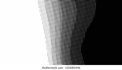 Monochrome halftone wave background. Curved gradient texture or pattern. Vertical gradient dots. Pop art texture. Vector illustration.