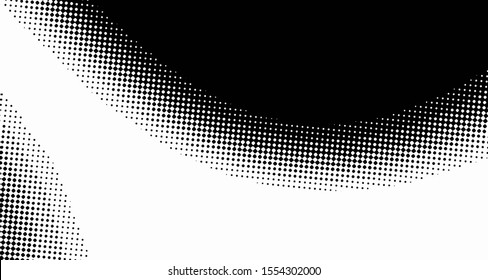 Monochrome halftone wave background. Curved gradient texture or pattern. Vertical gradient dots. Pop art texture. Vector illustration.