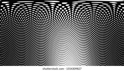 Monochrome halftone wave background. Curved gradient texture or pattern. Vertical gradient dots. Pop art texture. Vector illustration.