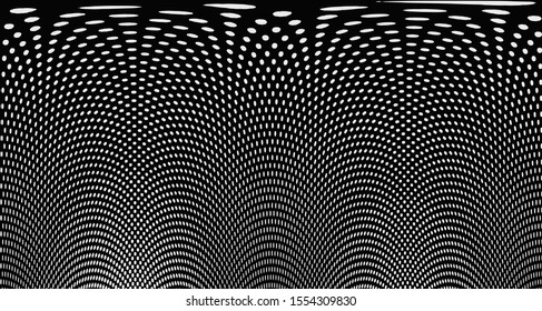 Monochrome halftone wave background. Curved gradient texture or pattern. Vertical gradient dots. Pop art texture. Vector illustration.