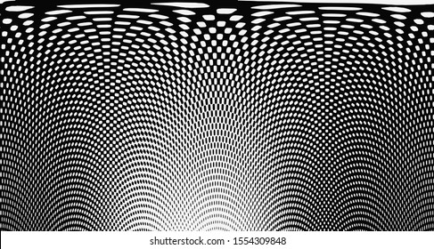 Monochrome halftone wave background. Curved gradient texture or pattern. Vertical gradient dots. Pop art texture. Vector illustration.