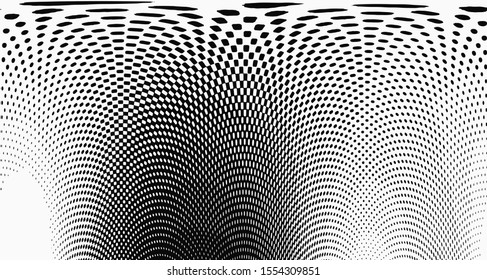 Monochrome halftone wave background. Curved gradient texture or pattern. Vertical gradient dots. Pop art texture. Vector illustration.