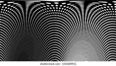 Monochrome halftone wave background. Curved gradient texture or pattern. Vertical gradient dots. Pop art texture. Vector illustration.