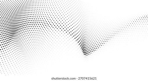 Fondo de distorsión de onda de semitono monocromo con gradiente punteado que forma un movimiento fluido abstracto ideal para temas tecnológicos, diseño digital y diseños modernos
