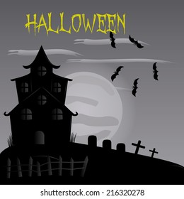 a monochrome halloween background with a haunted mansion, a graveyard and bats