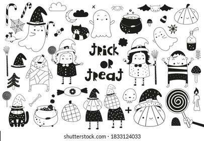 Monochrome Halloween clipart set. Cute cartoon characters, icons and traditional Halloween symbols. Pumpkins, ghost, winch, cat, mummy, bat. Vector illustration. Isolated on white background.