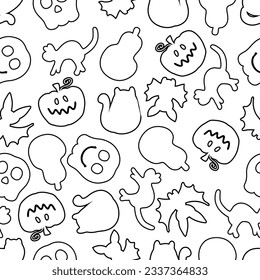 Monochrome halloween doodle seamless pattern. Perfect for tee, paper, textile and fabric. Hand drawn vector illustration for decor and design.
