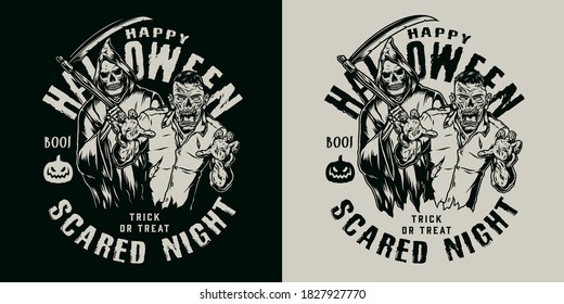 Monochrome Halloween emblem in vintage style with scary zombie and grim reaper isolated vector illustration