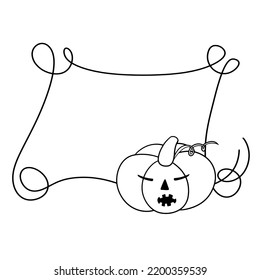 Monochrome Halloween frame with Curlicues, Pumpkin sleeps, Copy Space, Vector illustration in cartoon style