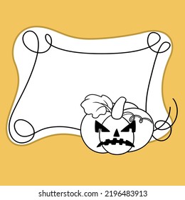 Monochrome Halloween Frame with Curls, Angry Pumpkin, Copy Space, Vector Illustration in Cartoon Style