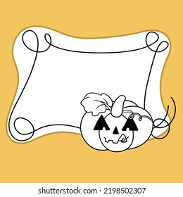 Monochrome Halloween frame with curls, Pumpkin licking, Copy space, Vector illustration in cartoon style