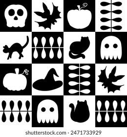 Monochrome Halloween geometric seamless pattern. Checkered print for paper, textile and fabric. Hand drawn vector illustration for decor and design.