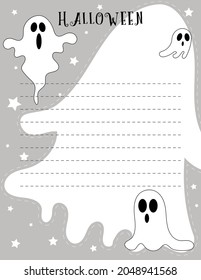 Hoja de papel monocroma de Halloween con líneas punteadas discontinuas.  Bloc de notas en blanco.  Página para notas. Caracteres fantasmas. Diseño de caricaturas. Cartel, lista de tareas pendientes