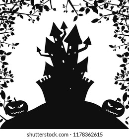 Monochrome Halloween party background with scary haunted castle evil pumpkins and tree branches vector illustration
