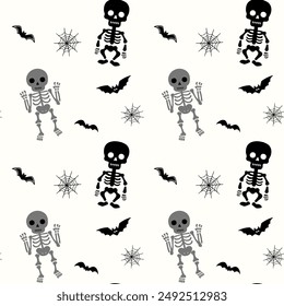 Monochrome halloween pattern with skeleton. Funny skeletons. Halloween backgrounds, seamless pattern. 