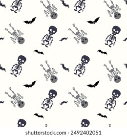 Monochrome halloween pattern with skeletons. Funny skeletons. Halloween backgrounds, seamless pattern. 