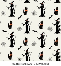 Monochrome halloween pattern with witch and black cat. Witch silhouette. Halloween backgrounds, seamless pattern. 