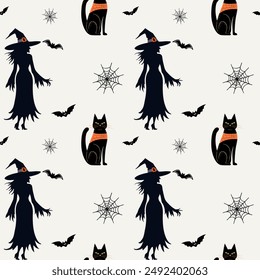 Monochrome halloween pattern with witch and black cat. Witch silhouette. Halloween backgrounds, seamless pattern. 