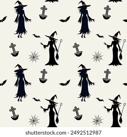 Monochrome halloween pattern with witch. Witch silhouette. Halloween backgrounds, seamless pattern. 