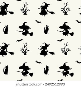 Monochrome halloween pattern with witch silhouette, cat, bat. Halloween background, vector seamless pattern.