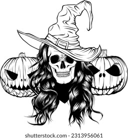 Monochrome Halloween pumpkin with skulls, vector illustration art
