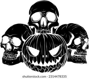 Monochrome Halloween pumpkin with skulls, vector illustration art