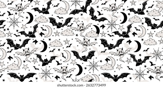 Monochrome Halloween Seamless Pattern with Bats, Moons, Stars, and Spiderwebs. Elegant black and white design full of spooky motifs, ideal for gothic stationery, Halloween packaging, wallpapers, print