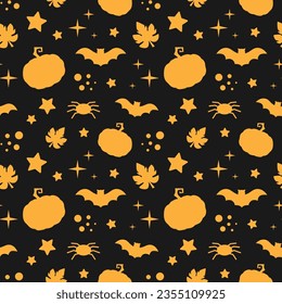 Monochrome Halloween seamless pattern. Vector illustration with festive elements and objects. Holiday background with pumpkins, bats, spiders and stars.