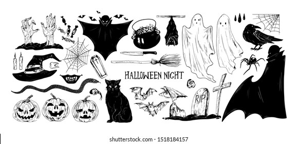 Monochrome Halloween set of various holiday elements and scary characters. Hand drawn vector illustrations of raven, hat, cat, jack o'lantern, vampire, ghosts, bats, spider, snake, graves, coffin.