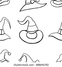 Monochrome Halloween vector seamless pattern with witch hats. Endless decorative texture.