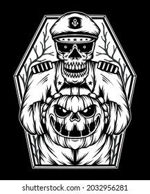 Monochrome halloween zombie with a pumpkin head. Premium vector