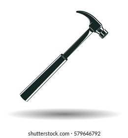 Monochrome hammer sign or icon, element for woodworking emblem or logo, isolated on white background, vector