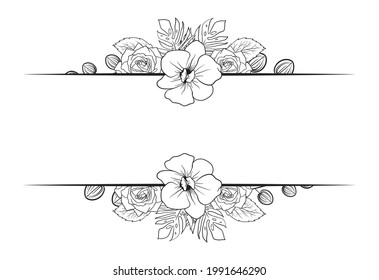 Monochrome Hand draw flower foliage blossom border ornament decorative
