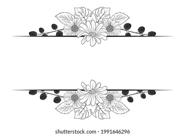 Monochrome Hand draw flower foliage blossom border ornament decorative