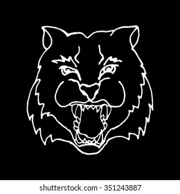 monochrome hand draw head screaming tiger with big teeth in black and white style, the design can be used coloring, tattoos, icons, banners