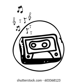 monochrome hand drawing of cassette tape in circle and musical notes vector illustration