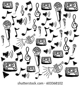 monochrome hand drawing pattern of music icons vector illustration