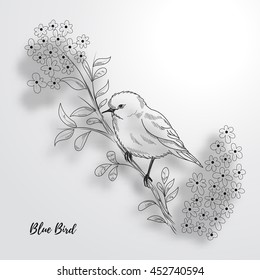 Monochrome hand drawing vector illustration with realistic shadow. Bird and flowers. Inscription Blue bird. 