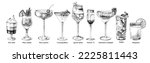 Monochrome hand drawn alcohol cocktails set