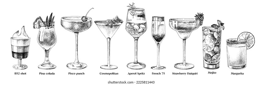 Monochrome hand drawn alcohol cocktails set