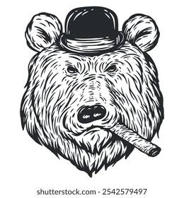 Urso monocromático desenhado à mão em chapéu fumando charuto isolado no fundo branco. Ilustração vetorial para tatuagem, impressão, emblema.